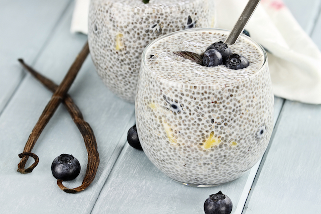 Chia seed pudding made with mangos and blueberries with extreme shallow depth of field.