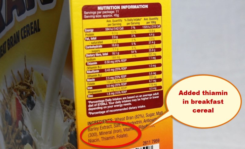 Thiamin fortification on pack circled